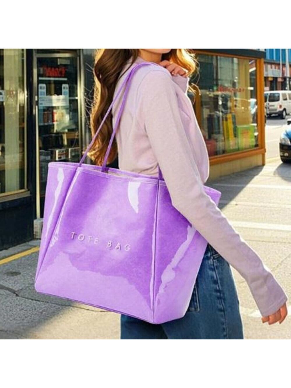 Women's Large Violet PVC Tote Bag Shoulder Straps
